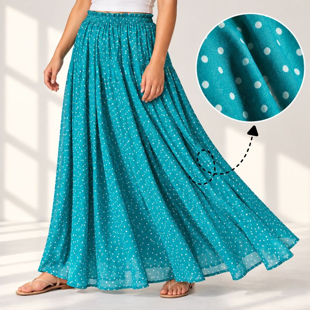 Afibi Chiffon Maxi Skirt Womens XL Teal White Polka Dot Flowy NWT Elastic Waist